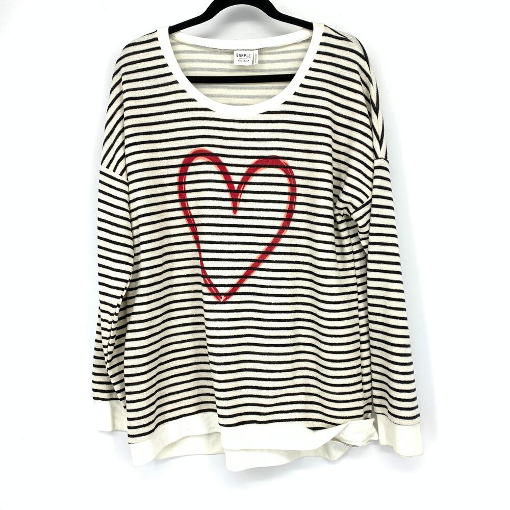 Simple By Suzanne Betro Pullover Sweatshirt Womens SIze XL Striped Heart Graphic